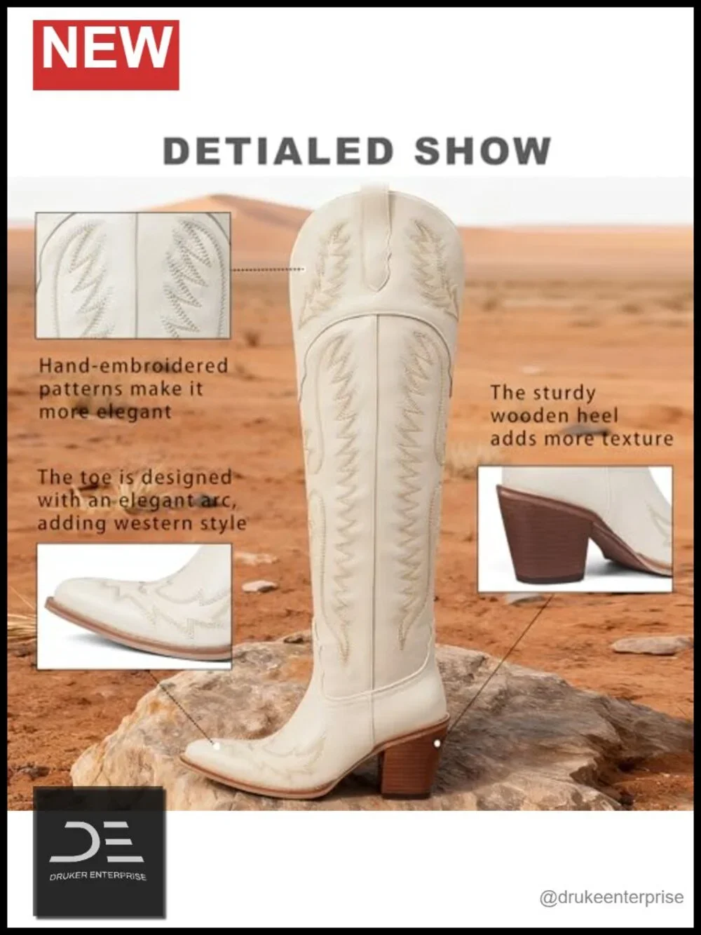 Women's Thigh High Western Cowboy Boots Pointed Toe Chunky Heel Embroidered PU